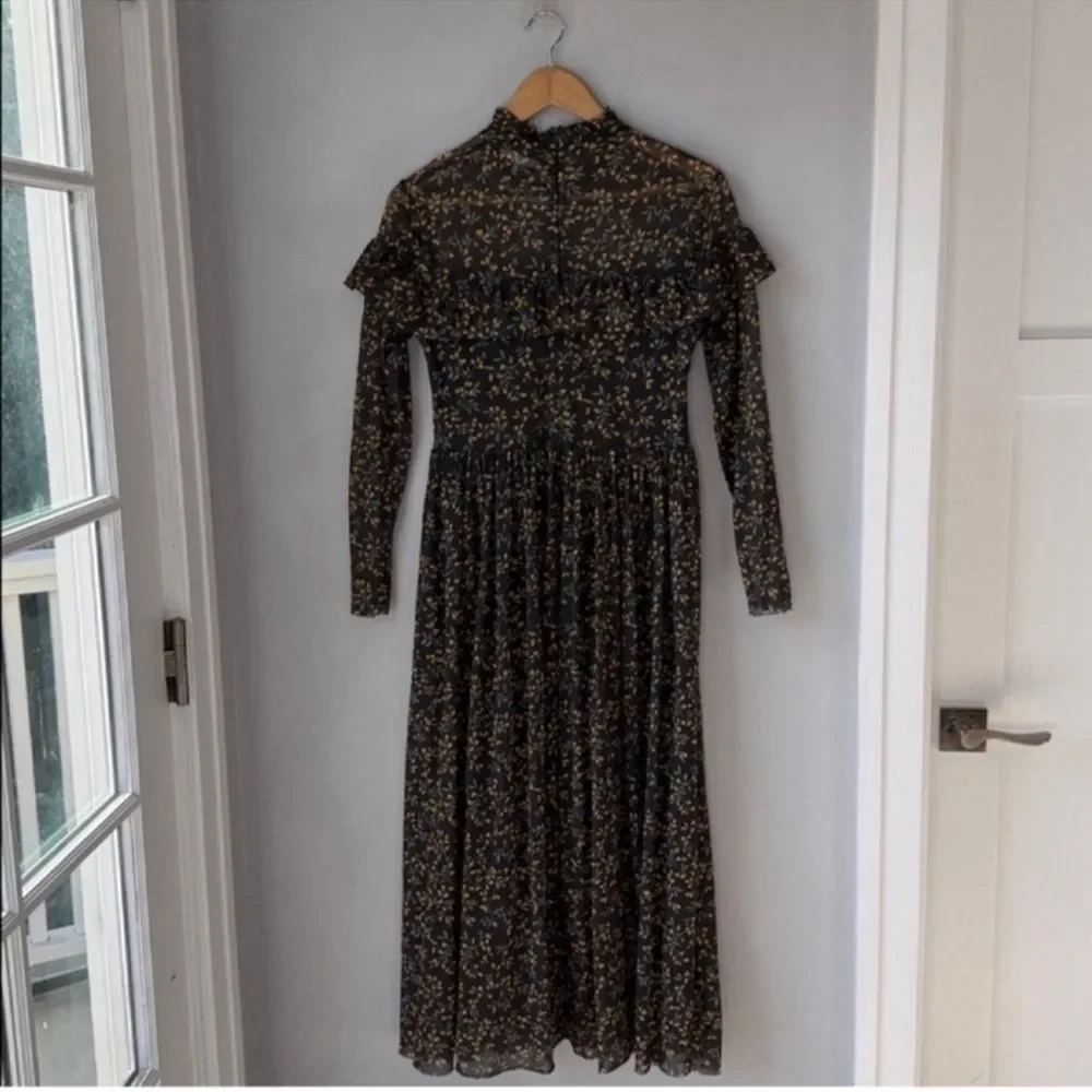 GANNI Tilden Ruffled Floral Print Mesh Maxi Dress